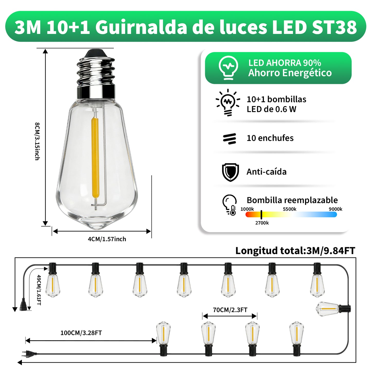 Guirnalda de Bombillas LED ST38 Vintage 3-15 Metros, Luz Cálida 2700K, Casquillo E12 Amarillo, Incluye Bombilla de Repuesto - Holaled