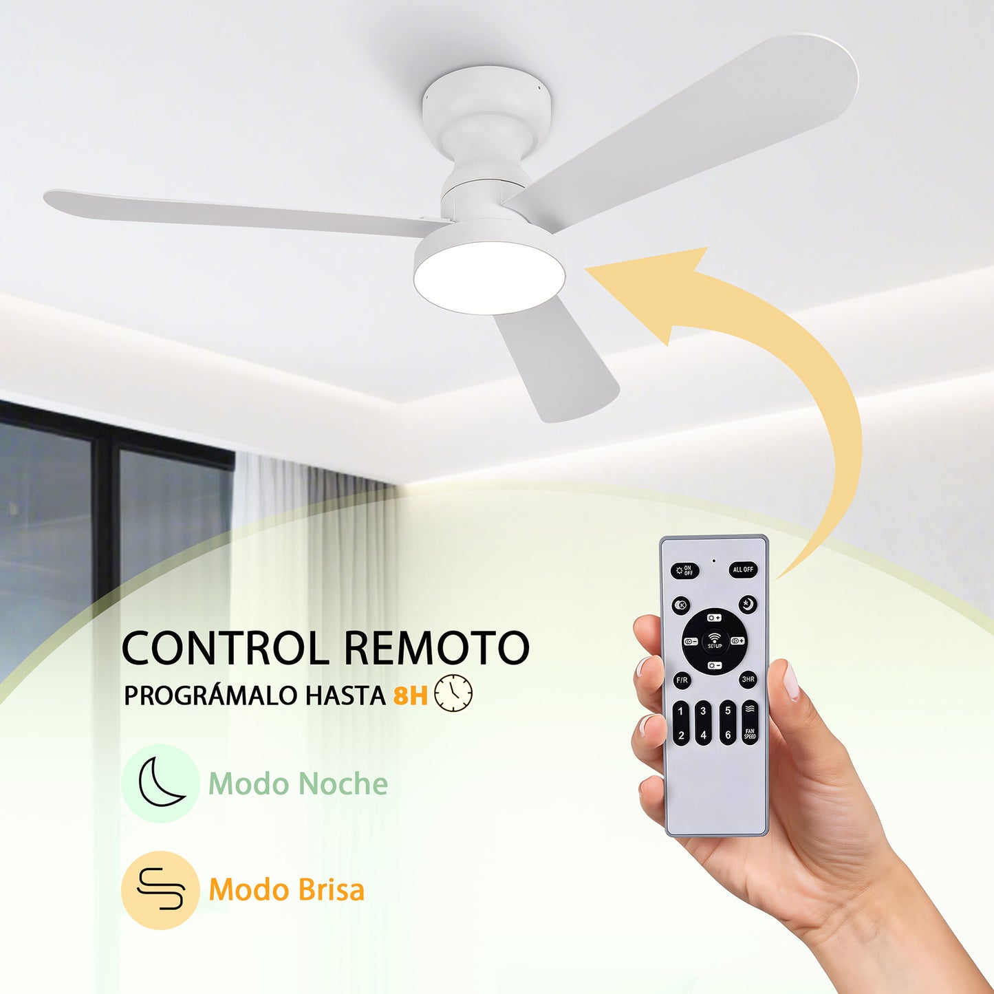 Ventilador de Techo LED 42" Multifunción, Motor DC 30W, 6 Velocidades, CCT 3000K-6000K, IP20, Blanco/Madera