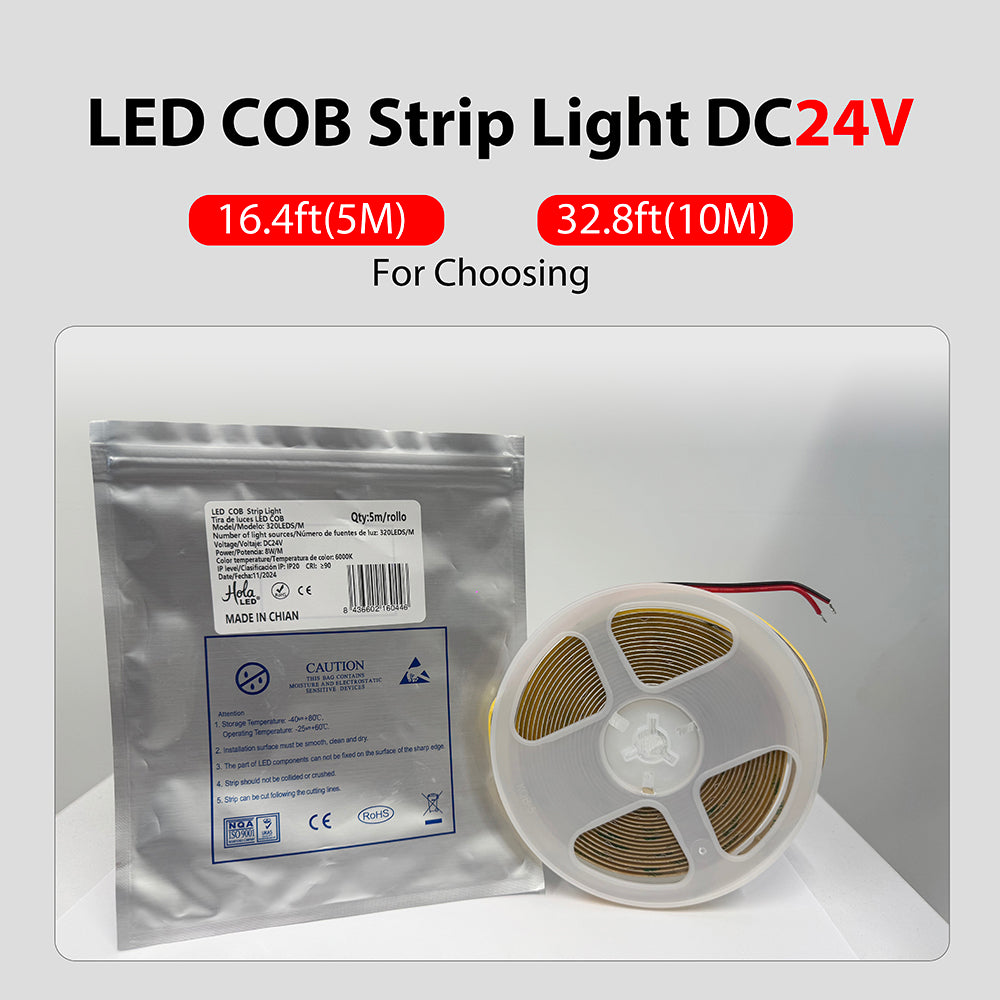Tira LED COB Alta CRI ≥90 | 320 LEDs/Metro | 24V 8W/M | 5M|10M|3000K/4000K/6000K | Luz Continua sin Puntos | IP20