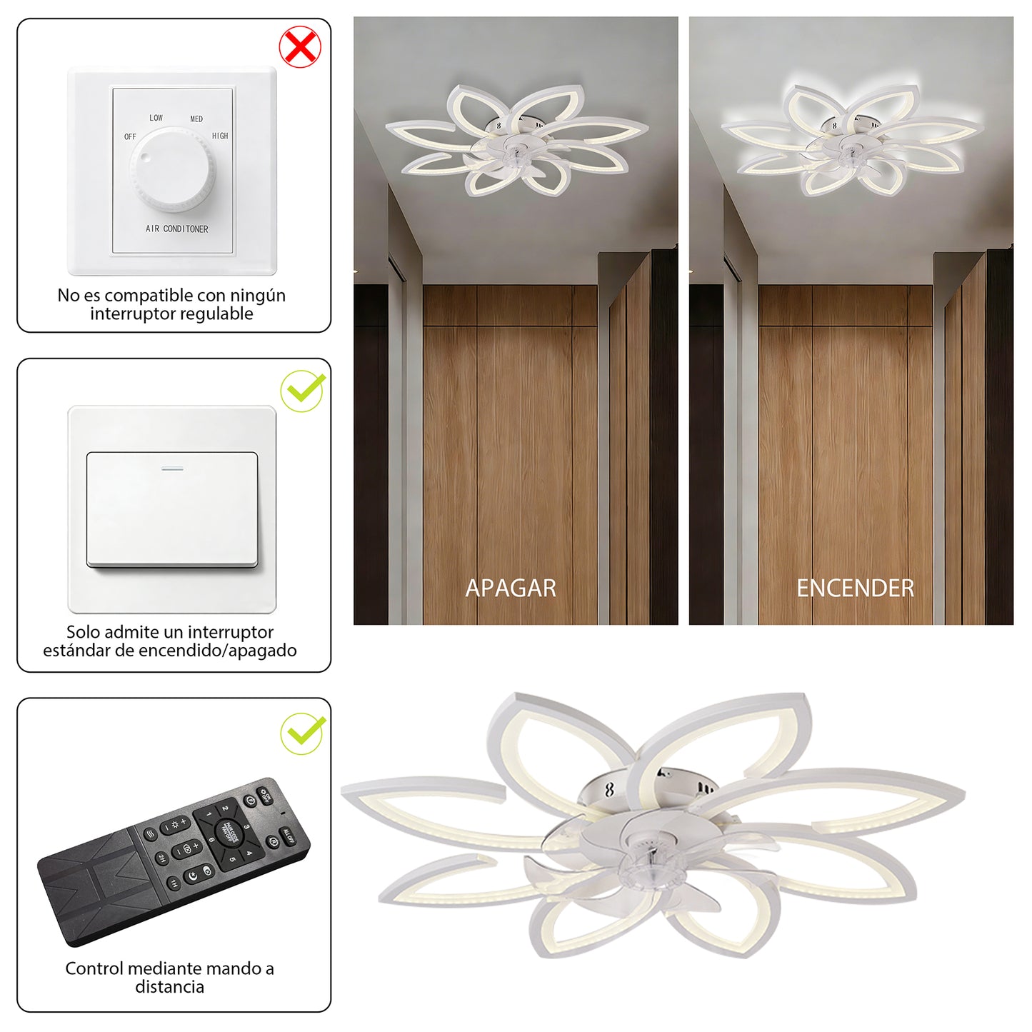 Ventilador de Techo con Luz LED A8003 - 8 Pétalos, 39 Pulgadas, CCT Ajustable 3000K-6000K, Motor DC, Color Blanco