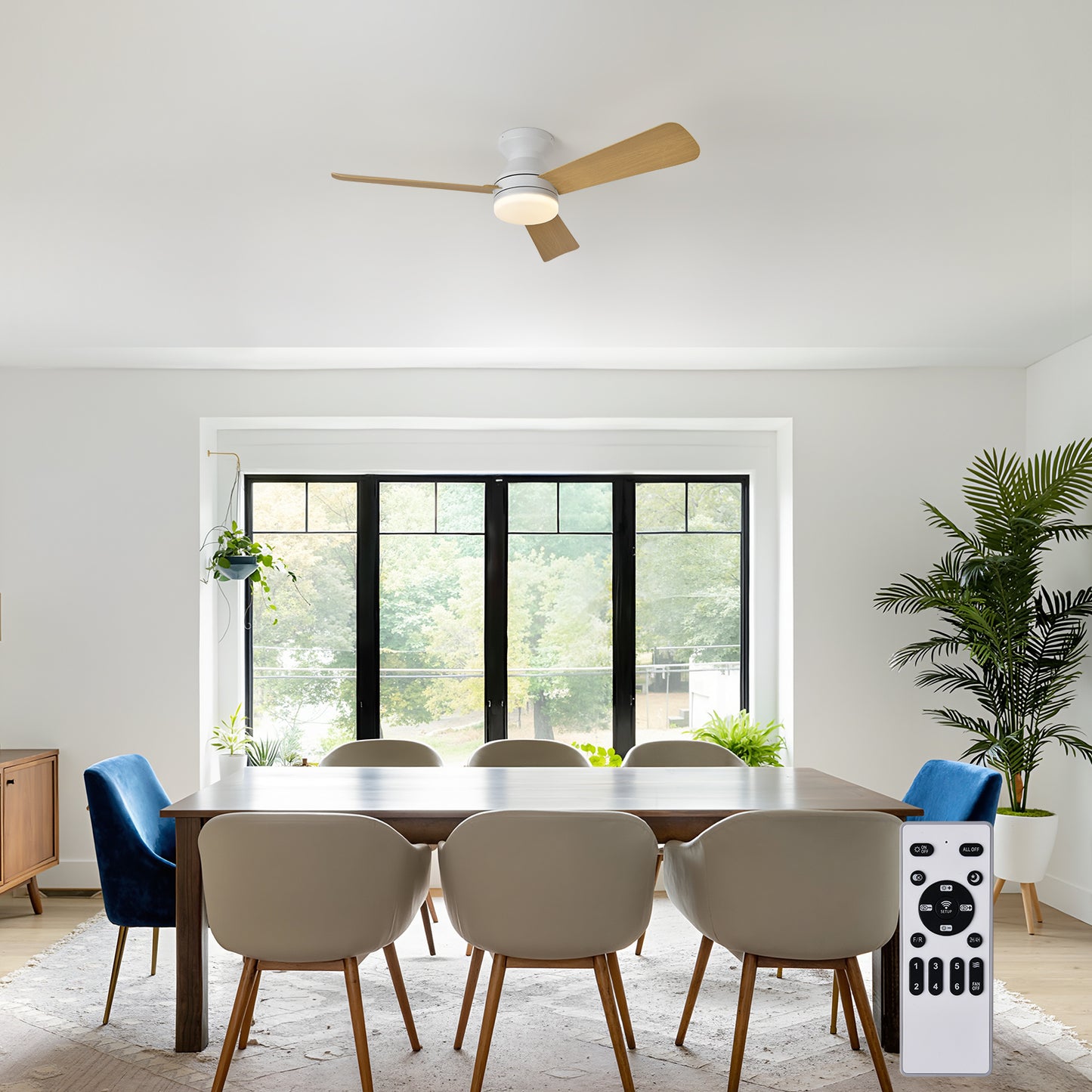 Ventilador de Techo con Luz LED 42” (106 cm) – 3 Aspas, Motor DC Silencioso, 6 Velocidades, Modo Verano/Invierno, CCT Regulable, Blanco o Madera Clara