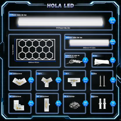 Lámpara LED Hexagonal de 600W - Panel de Iluminación Moderno 14 Piezas, 6500K Blanco Frío, Carcasa Blanca, para Interior, Voltaje Universal AC 85-265V