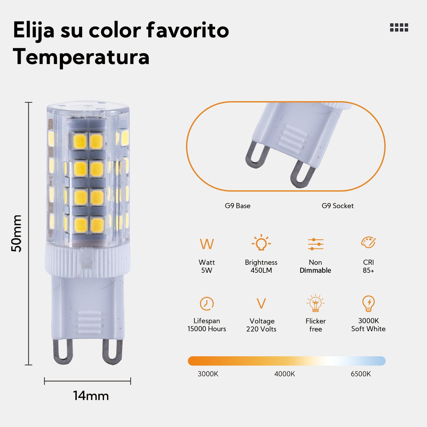 Bombilla LED G9 5W | 450 Lúmenes | 3 Temperaturas (3000K/4500K/6000K) | Material Cerámico+PC | CRl 80