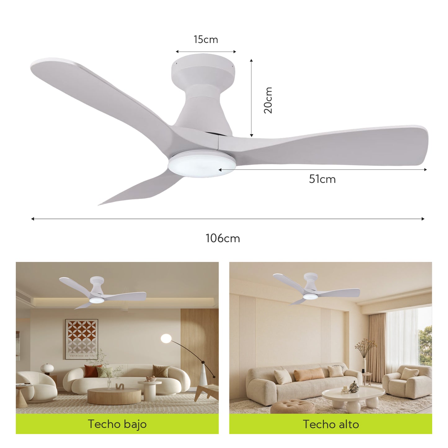 Ventilador de Techo LED 42" con Luz LED Ajustable – 3000K-6000K, AC85-265V，Aspas de plástico