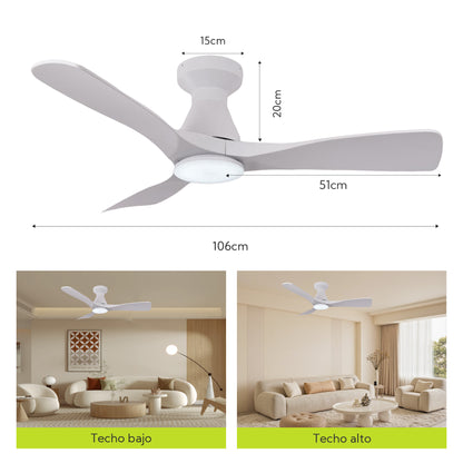 Ventilador de Techo LED 42" con Luz LED Ajustable – 3000K-6000K, AC85-265V，Aspas de plástico