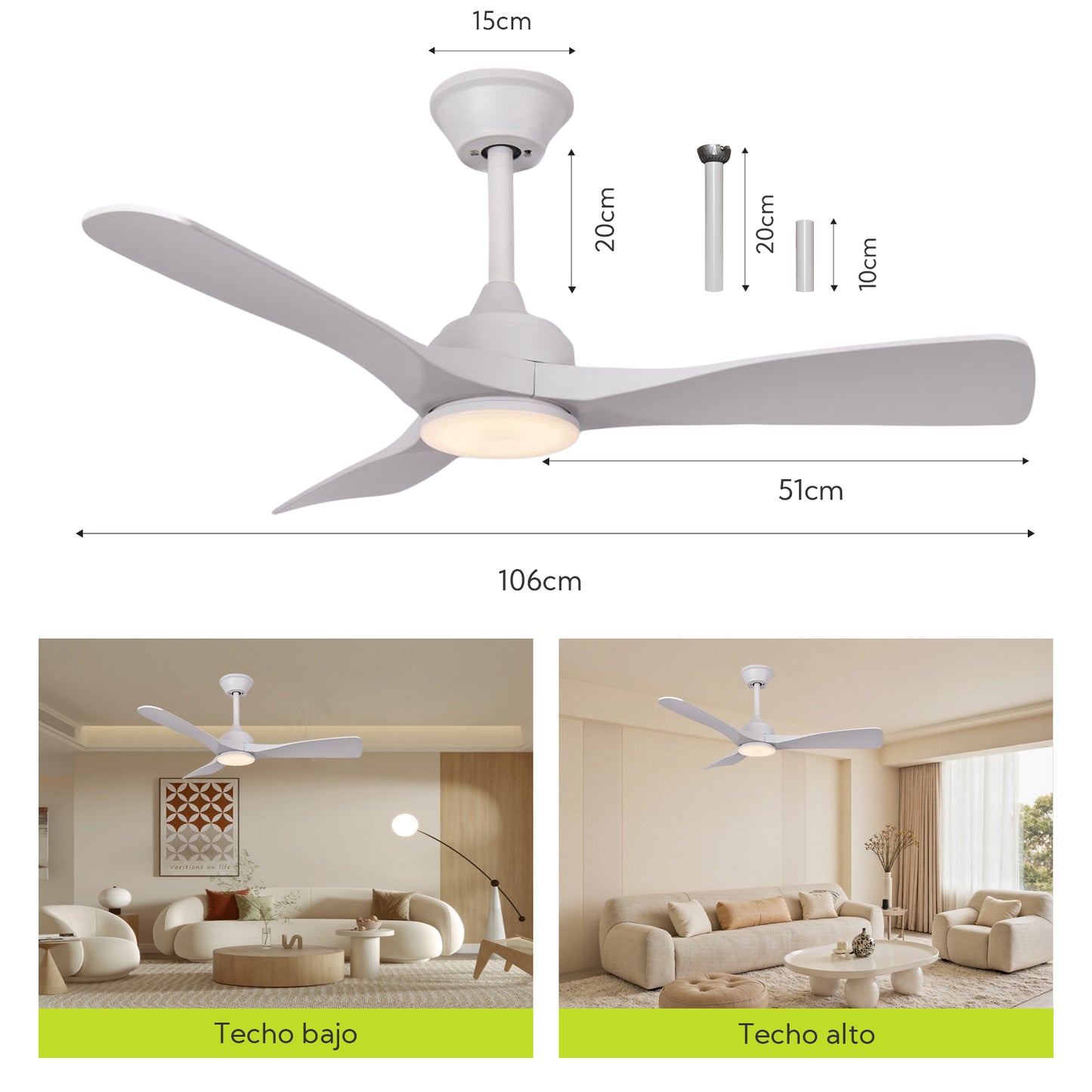 Ventilador de Techo LED 42" con Luz LED Ajustable – 3000K-6000K, AC85-265V，Aspas de plástico