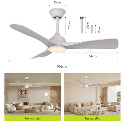 Ventilador de Techo LED 42" con Luz LED Ajustable – 3000K-6000K, AC85-265V，Aspas de plástico