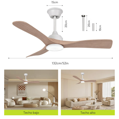 Ventilador de Techo LED 52" con Luz LED Ajustable – 3000K-6000K, AC85-265V，Aspas de plástico