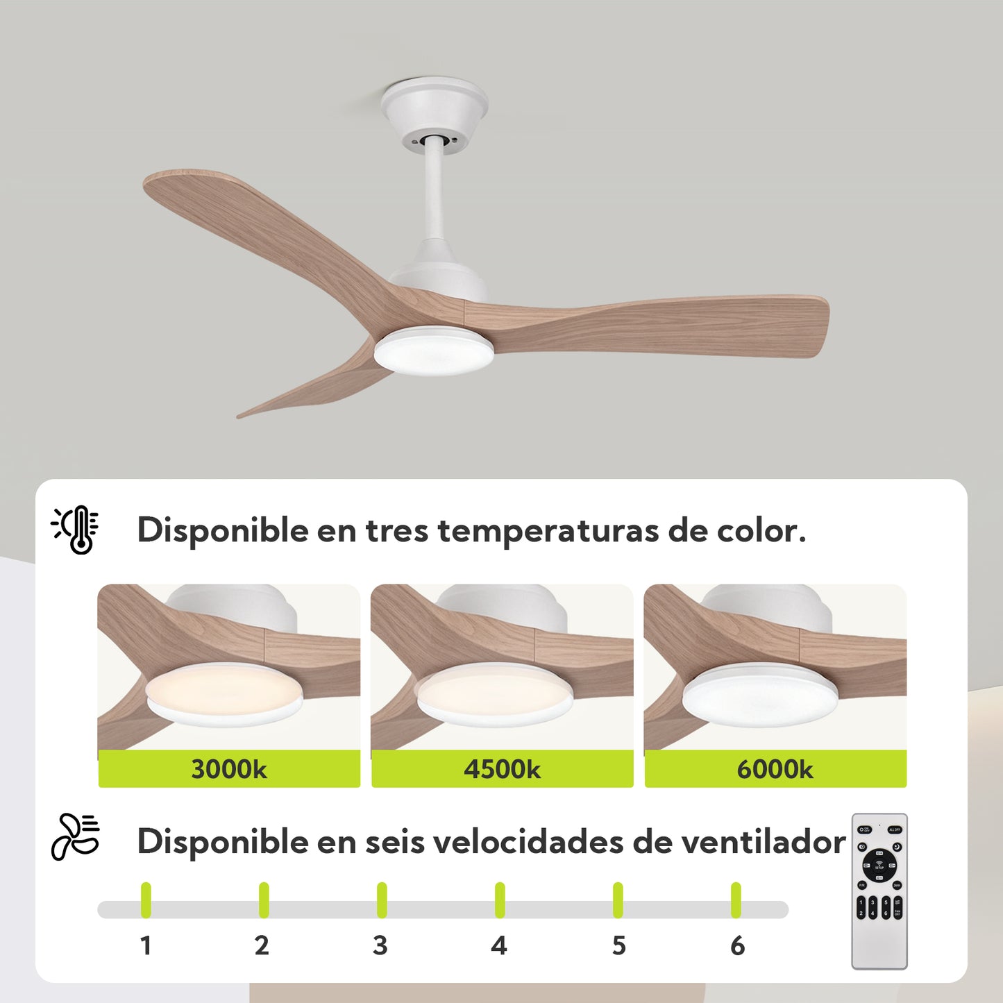 Ventilador de Techo LED 52" con Luz LED Ajustable – 3000K-6000K, AC85-265V，Aspas de plástico