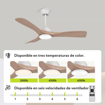 Ventilador de Techo LED 52" con Luz LED Ajustable – 3000K-6000K, AC85-265V，Aspas de plástico