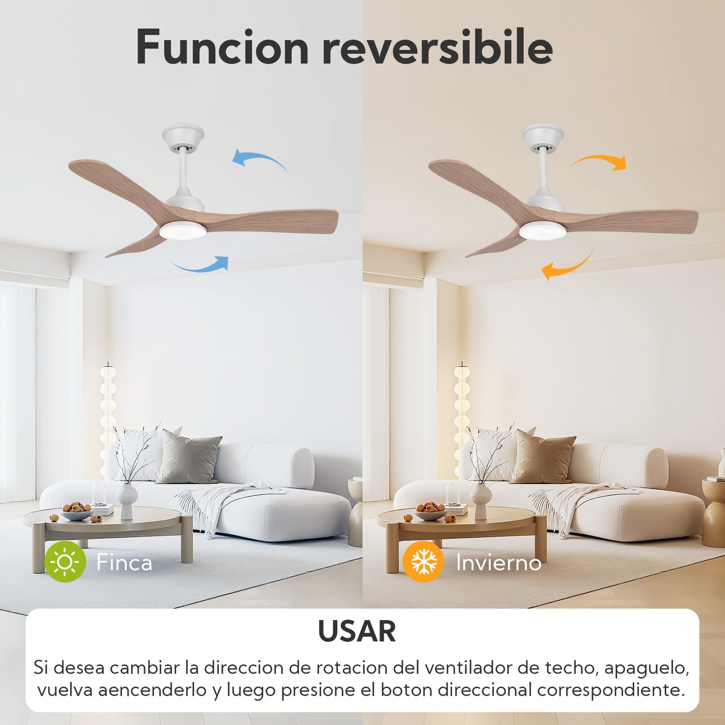 Ventilador de Techo LED 52" con Luz LED Ajustable – 3000K-6000K, AC85-265V，Aspas de plástico