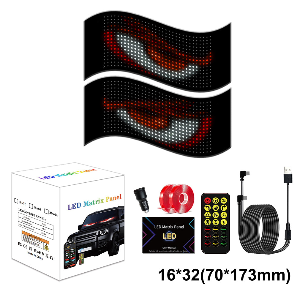 Pantalla LED Decorativa "Ojo del Diablo" | 16x32 Pixeles (512 LEDs) | Control por App/Bluetooth/Mando | 2 Piezas Set | USB de 4.5m | Efectos Arcoíris | Material PU+FPCB