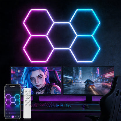 Lámpara LED Hexagonal RGB 80W - Panel Decorativo Moderno 5 Piezas (236x166 cm), Multicolor Ajustable con Mando, Iluminación de Ambiente, Voltaje Universal 85-265V