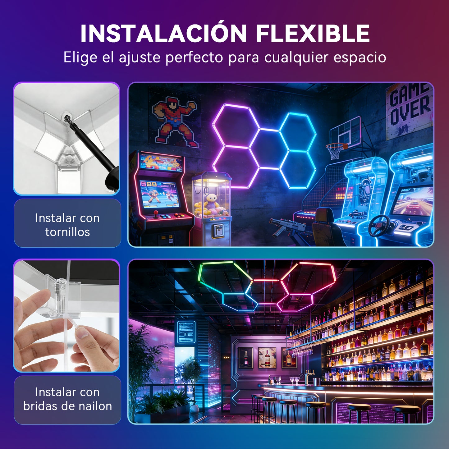 Lámpara LED Hexagonal RGB 80W - Panel Decorativo Moderno 5 Piezas (236x166 cm), Multicolor Ajustable con Mando, Iluminación de Ambiente, Voltaje Universal 85-265V