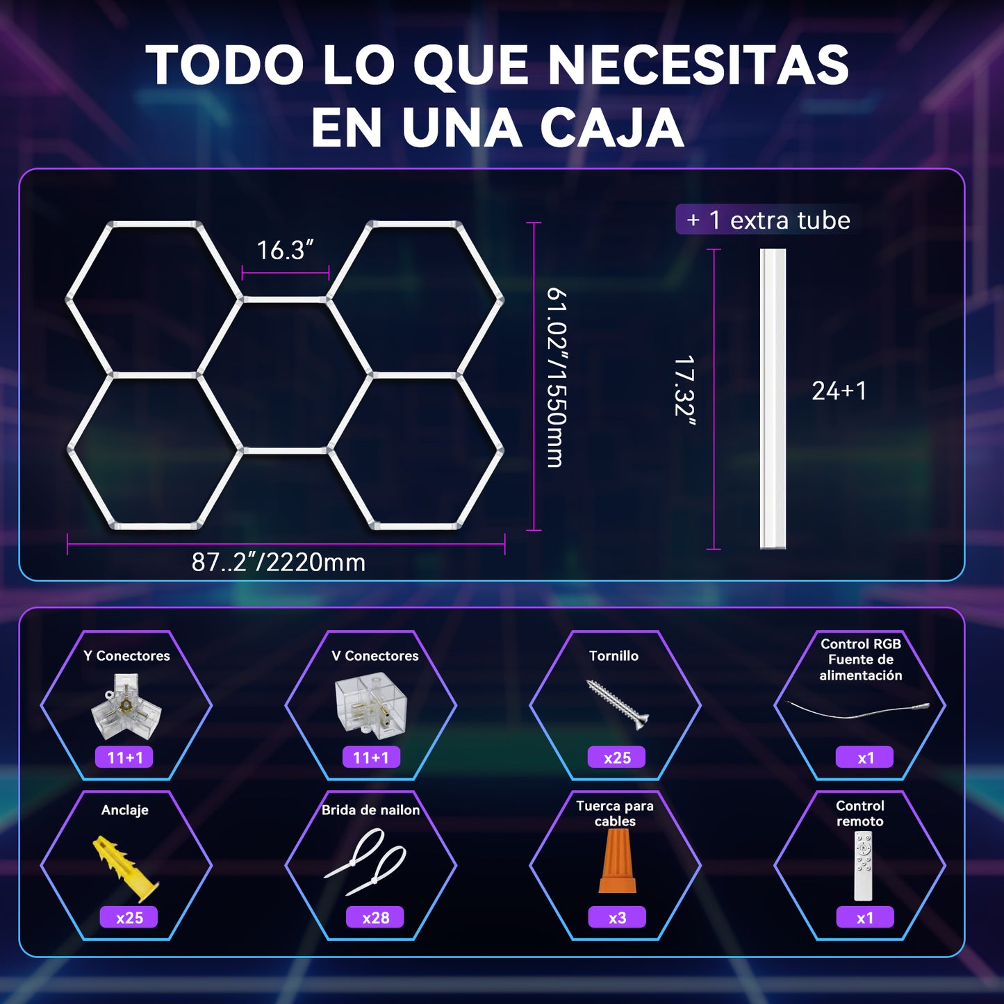 Lámpara LED Hexagonal RGB 80W - Panel Decorativo Moderno 5 Piezas (236x166 cm), Multicolor Ajustable con Mando, Iluminación de Ambiente, Voltaje Universal 85-265V