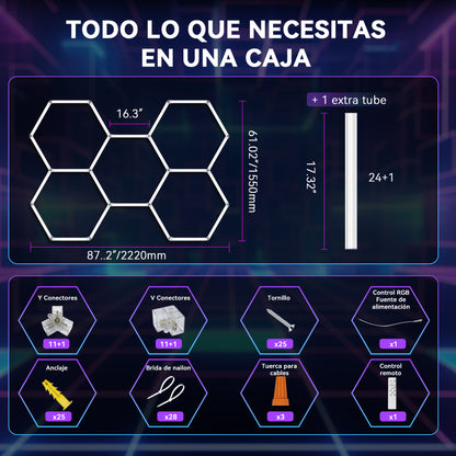 Lámpara LED Hexagonal RGB 80W - Panel Decorativo Moderno 5 Piezas (236x166 cm), Multicolor Ajustable con Mando, Iluminación de Ambiente, Voltaje Universal 85-265V