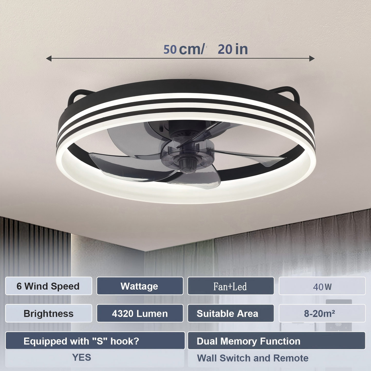 Ventilador de Techo con Luz LED 20" - 6 Velocidades, CCT Ajustable 3000K-6000K, Blanco/Negro