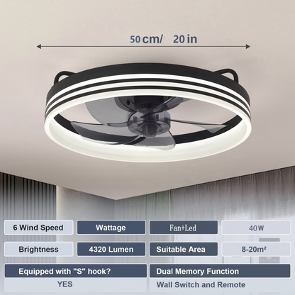 Ventilador de Techo con Luz LED 20" - 6 Velocidades, CCT Ajustable 3000K-6000K, Blanco/Negro