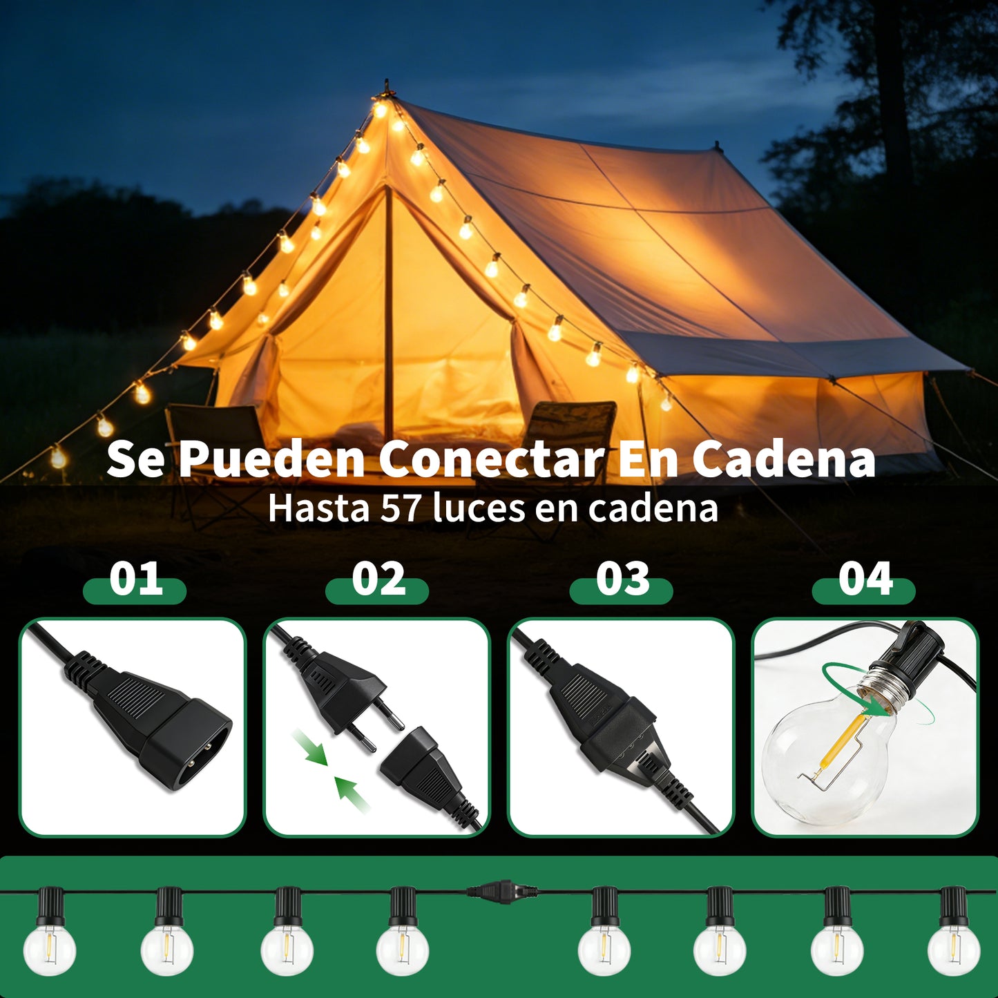 Guirnalda de Bombillas LED G40 Vintage 3-30 Metros, Lámpara E12 Amarilla, 2700K Cálido, Incluye Bombillas de Repuesto - Holaled