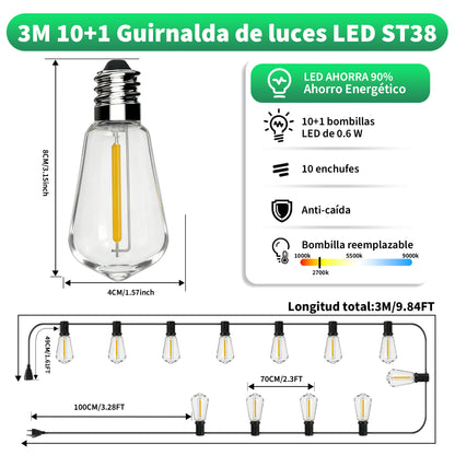 Guirnalda de Bombillas LED ST38 Vintage 3-15 Metros, Luz Cálida 2700K, Casquillo E12 Amarillo, Incluye Bombilla de Repuesto - Holaled