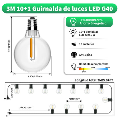 Guirnalda de Bombillas LED G40 Vintage 3-30 Metros, Lámpara E12 Amarilla, 2700K Cálido, Incluye Bombillas de Repuesto - Holaled