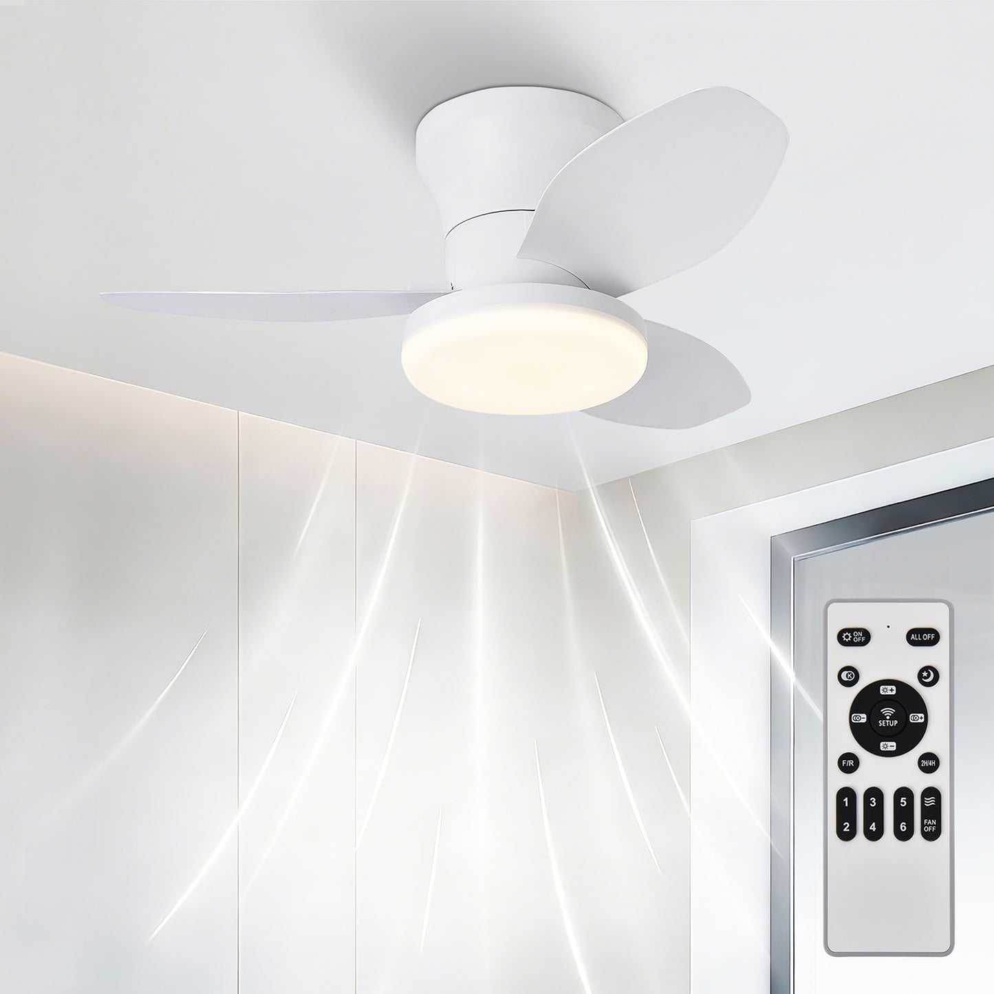 Ventilador de Techo LED RXFL8011 | 30W Luz + 30W Motor DC | 6 Velocidades | 3000K-6000K Ajustable | Blanco、Beige
