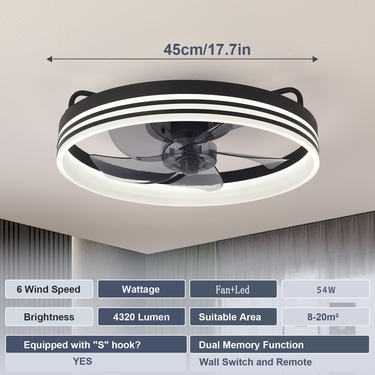 Ventilador de Techo con Luz LED 20" - 6 Velocidades, CCT Ajustable 3000K-6000K, Blanco/Negro