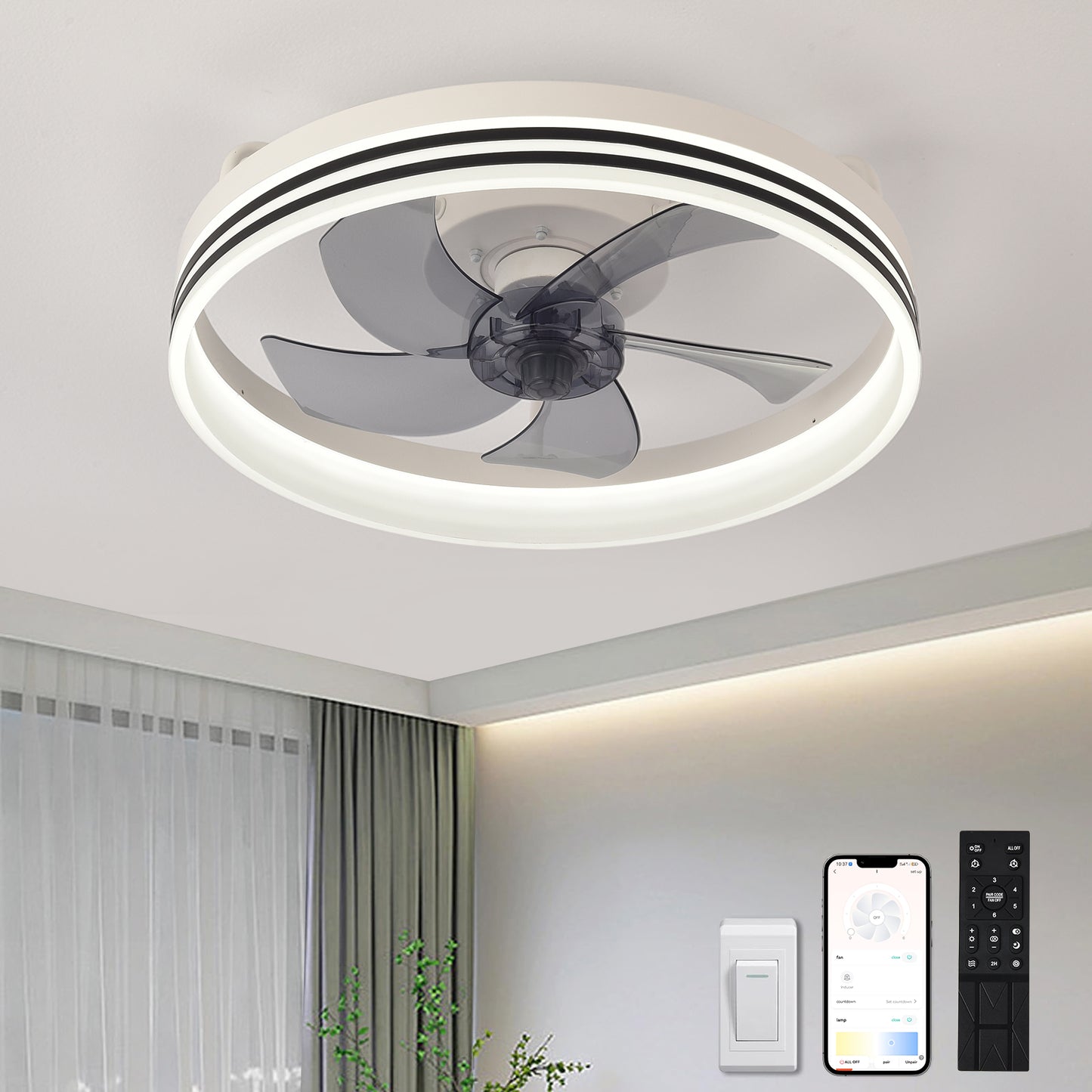 Ventilador de Techo con Luz LED 20" - 6 Velocidades, CCT Ajustable 3000K-6000K, Blanco/Negro
