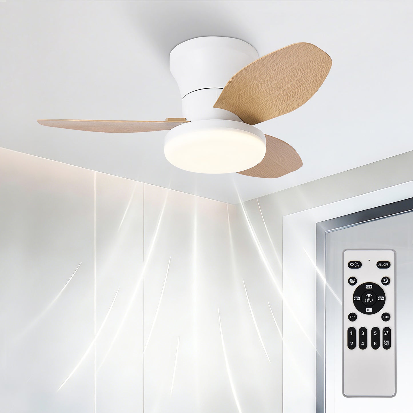 Ventilador de Techo LED RXFL8011 | 30W Luz + 30W Motor DC | 6 Velocidades | 3000K-6000K Ajustable | Blanco、Beige