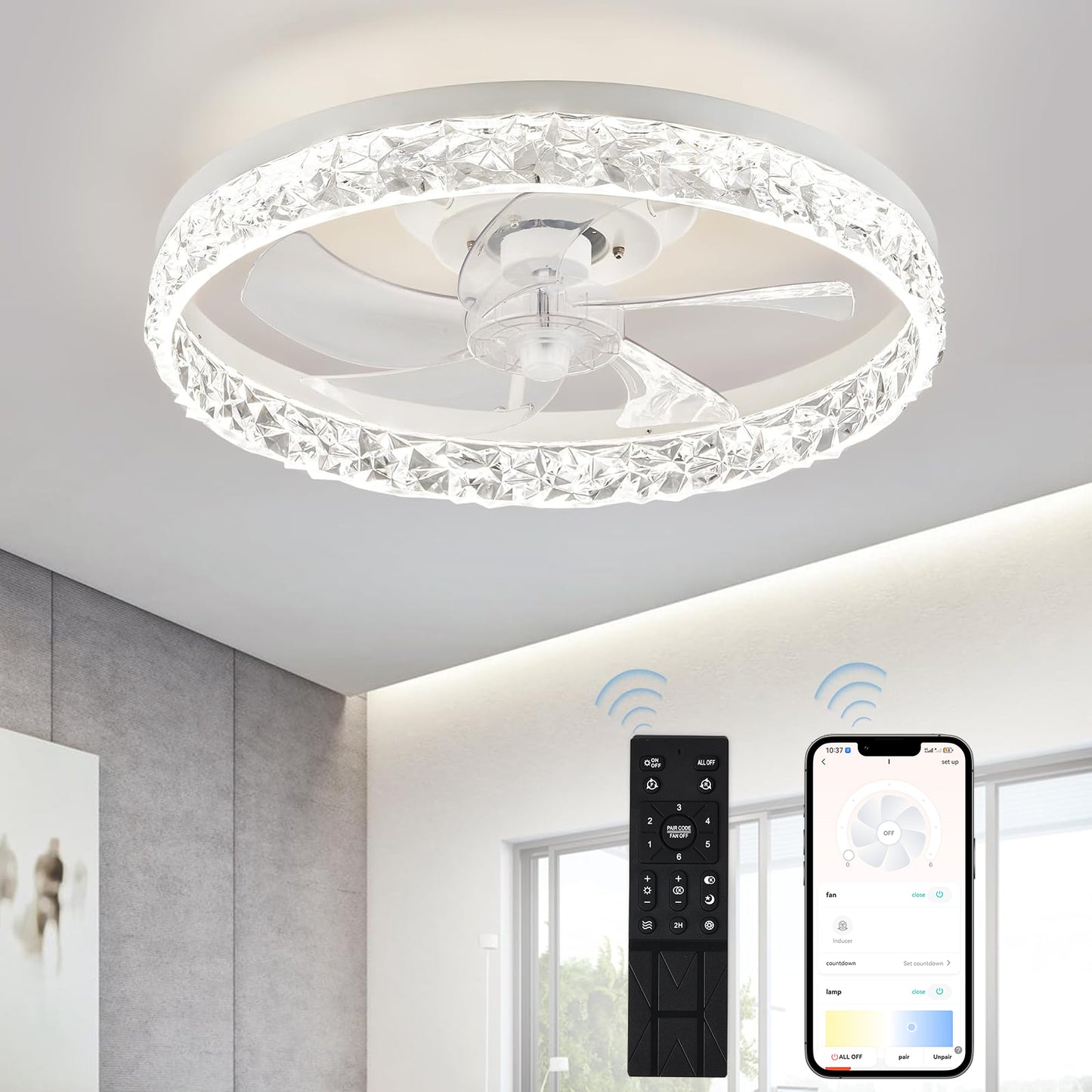 Ventilador de Techo con Luz LED 5 Aspas Blanco 20” – Motor DC Silencioso, CCT Regulable 3000K-6000K, 6 Velocidades