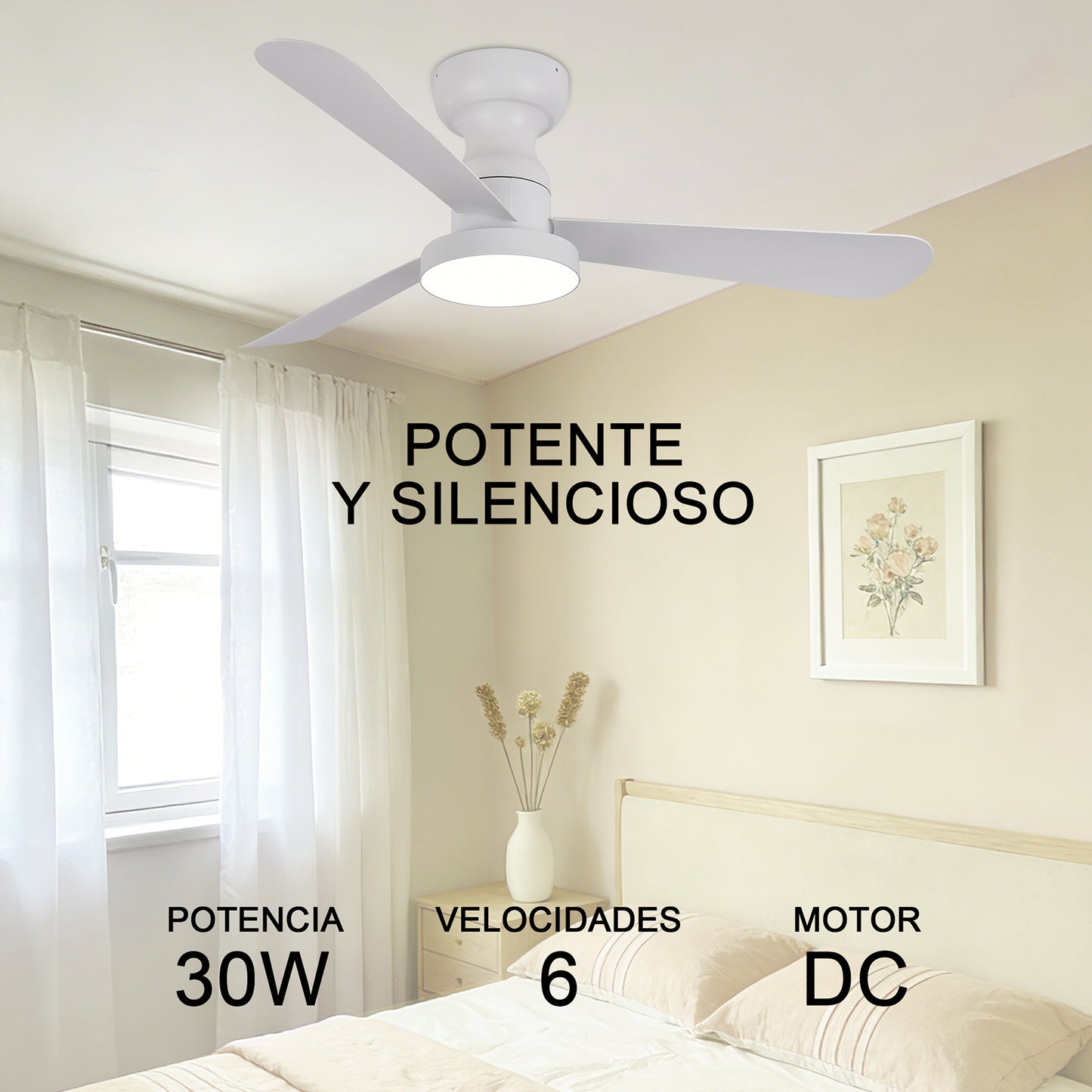 Ventilador de Techo LED 42" Multifunción, Motor DC 30W, 6 Velocidades, CCT 3000K-6000K, IP20, Blanco/Madera