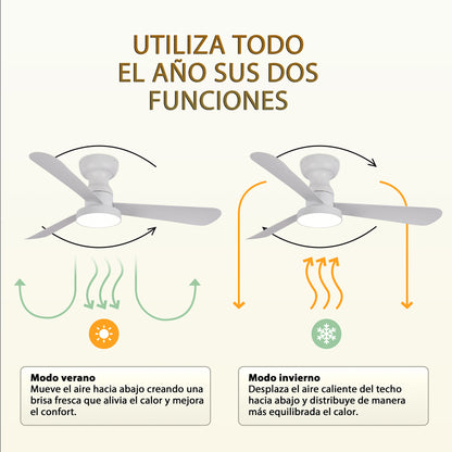 Ventilador de Techo LED 42" Multifunción, Motor DC 30W, 6 Velocidades, CCT 3000K-6000K, IP20, Blanco/Madera