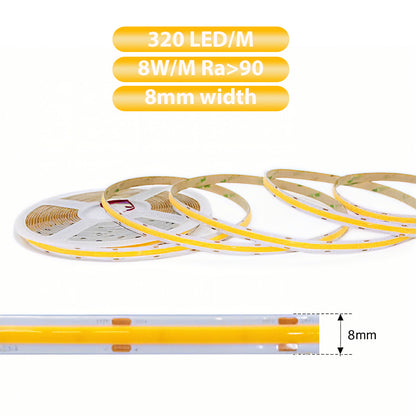 Tira LED COB Alta CRI ≥90 | 320 LEDs/Metro | 24V 8W/M | 5M|10M|3000K/4000K/6000K | Luz Continua sin Puntos | IP20
