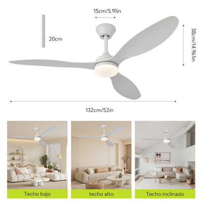 Ventilador de Techo con Luz LED de 3 Aspas 52” (1320 mm) – Motor DC Silencioso, 6 Velocidades, CCT Regulable 3000K–6000K, Blanco o Madera Clara
