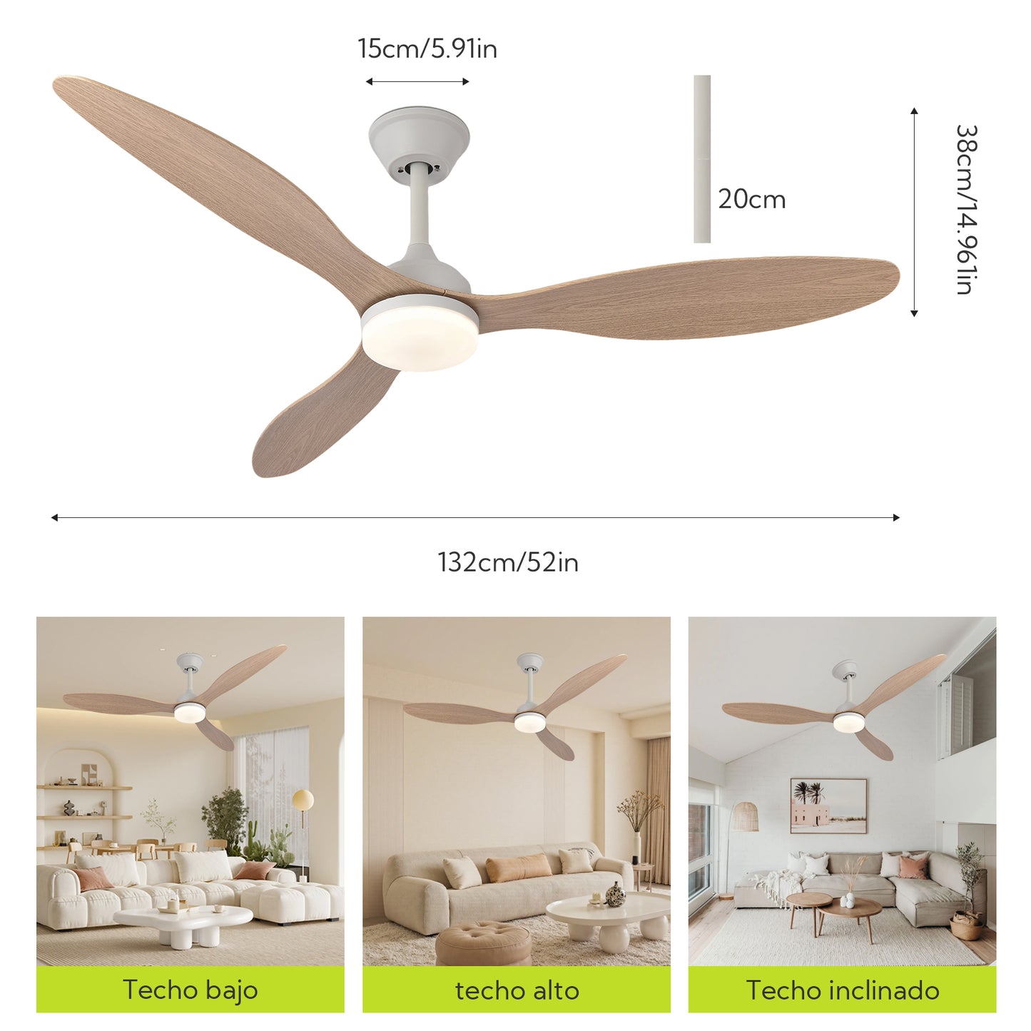 Ventilador de Techo con Luz LED de 3 Aspas 52” (1320 mm) – Motor DC Silencioso, 6 Velocidades, CCT Regulable 3000K–6000K, Blanco o Madera Clara