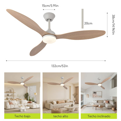 Ventilador de Techo con Luz LED de 3 Aspas 52” (1320 mm) – Motor DC Silencioso, 6 Velocidades, CCT Regulable 3000K–6000K, Blanco o Madera Clara