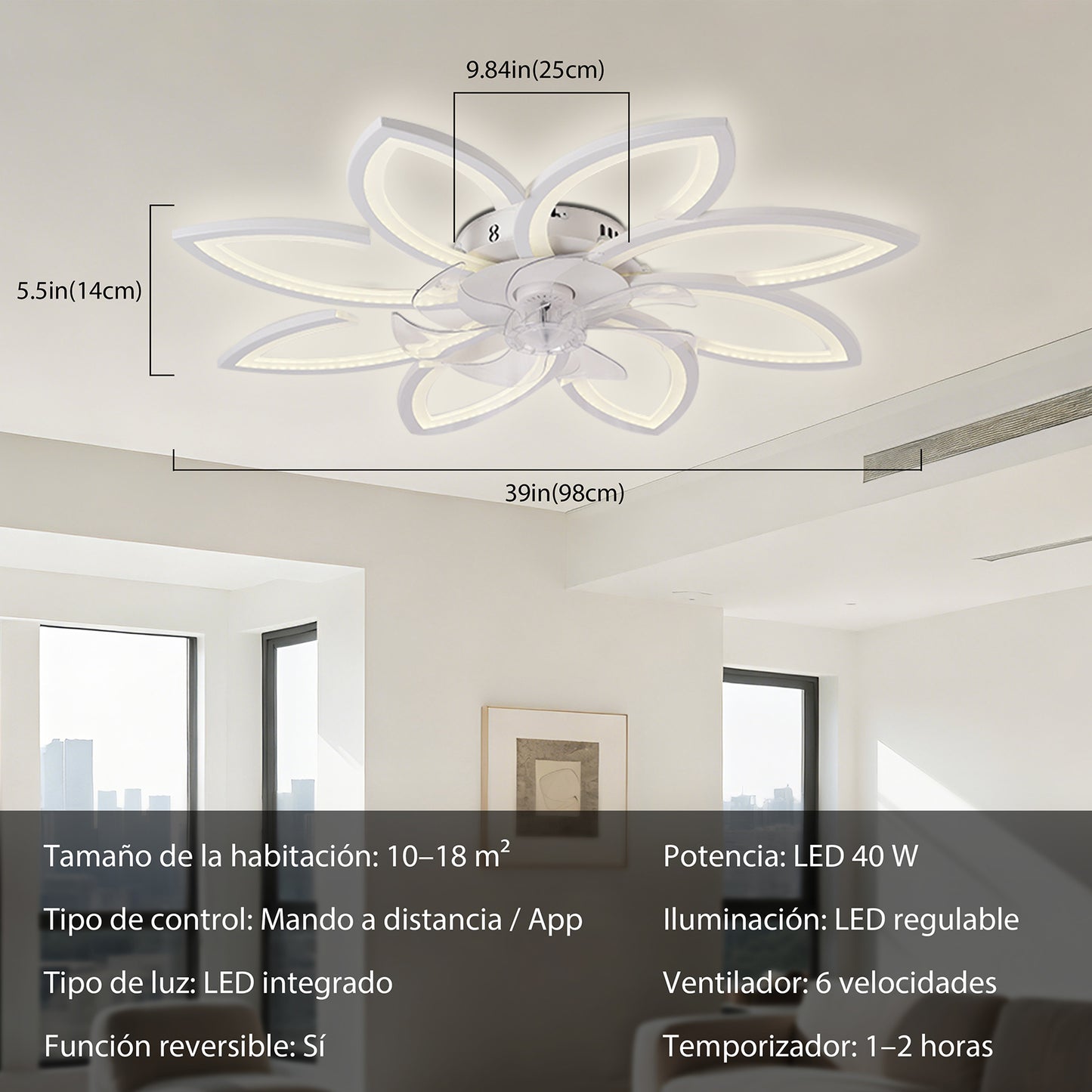 Ventilador de Techo con Luz LED A8003 - 8 Pétalos, 39 Pulgadas, CCT Ajustable 3000K-6000K, Motor DC, Color Blanco