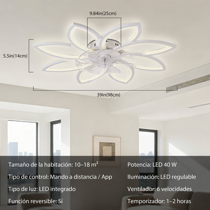 Ventilador de Techo con Luz LED A8003 - 8 Pétalos, 39 Pulgadas, CCT Ajustable 3000K-6000K, Motor DC, Color Blanco