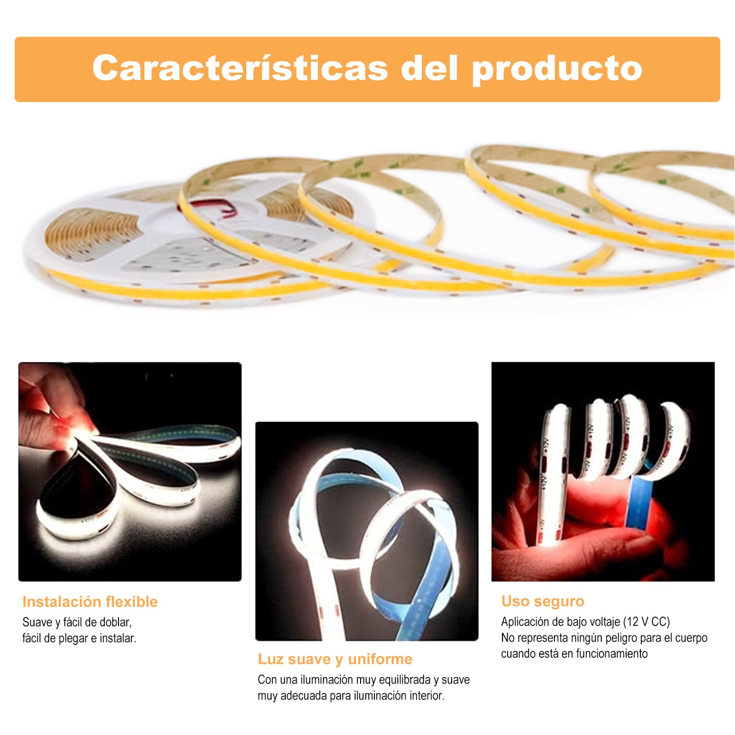 Tira LED COB Alta CRI ≥90 | 320 LEDs/Metro | 24V 8W/M | 5M|10M|3000K/4000K/6000K | Luz Continua sin Puntos | IP20