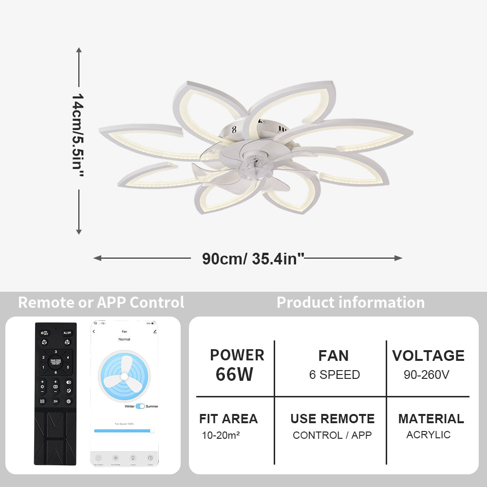 Ventilador de Techo con Luz LED A8003 - 8 Pétalos, 39 Pulgadas, CCT Ajustable 3000K-6000K, Motor DC, Color Blanco