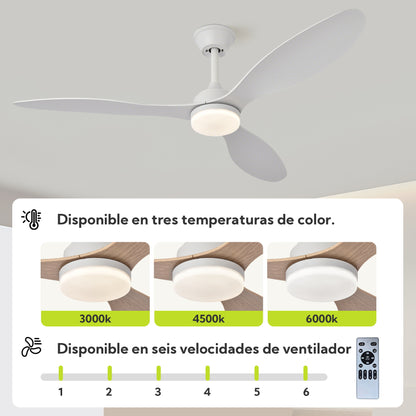 Ventilador de Techo con Luz LED de 3 Aspas 52” (1320 mm) – Motor DC Silencioso, 6 Velocidades, CCT Regulable 3000K–6000K, Blanco o Madera Clara