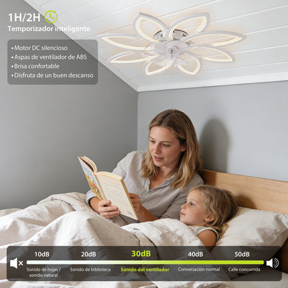 Ventilador de Techo con Luz LED A8003 - 8 Pétalos, 39 Pulgadas, CCT Ajustable 3000K-6000K, Motor DC, Color Blanco
