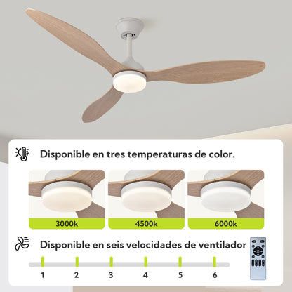 Ventilador de Techo con Luz LED de 3 Aspas 52” (1320 mm) – Motor DC Silencioso, 6 Velocidades, CCT Regulable 3000K–6000K, Blanco o Madera Clara