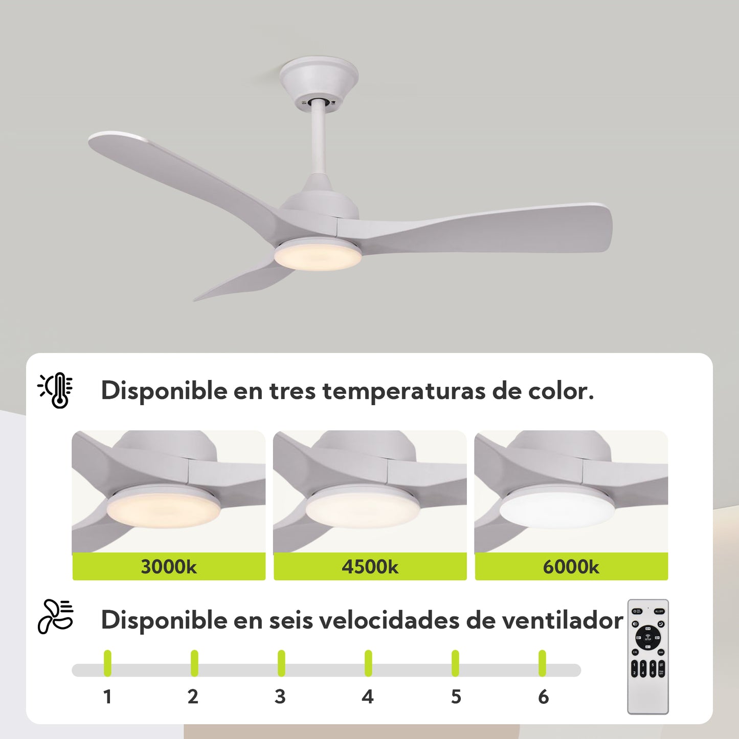 Ventilador de Techo LED 42" con Luz LED Ajustable – 3000K-6000K, AC85-265V，Aspas de plástico