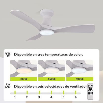 Ventilador de Techo LED 42" con Luz LED Ajustable – 3000K-6000K, AC85-265V，Aspas de plástico