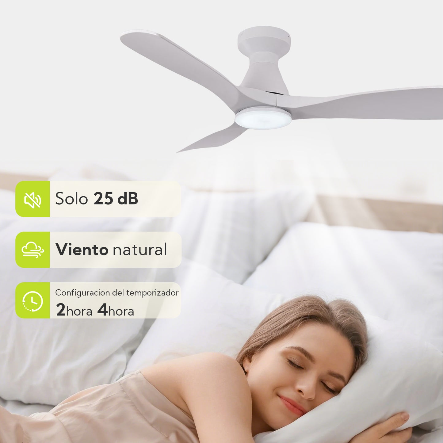 Ventilador de Techo LED 42" con Luz LED Ajustable – 3000K-6000K, AC85-265V，Aspas de plástico
