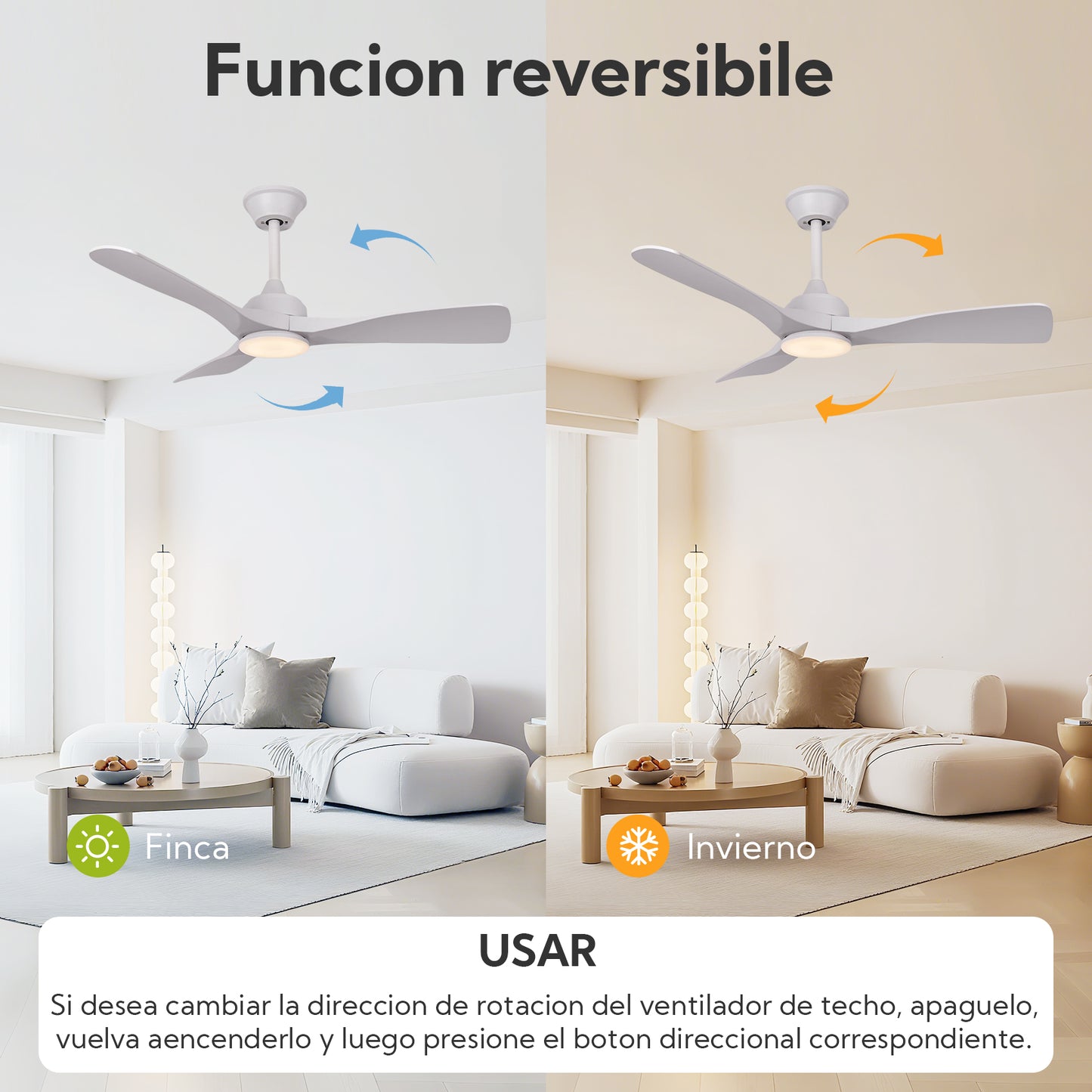 Ventilador de Techo LED 42" con Luz LED Ajustable – 3000K-6000K, AC85-265V，Aspas de plástico