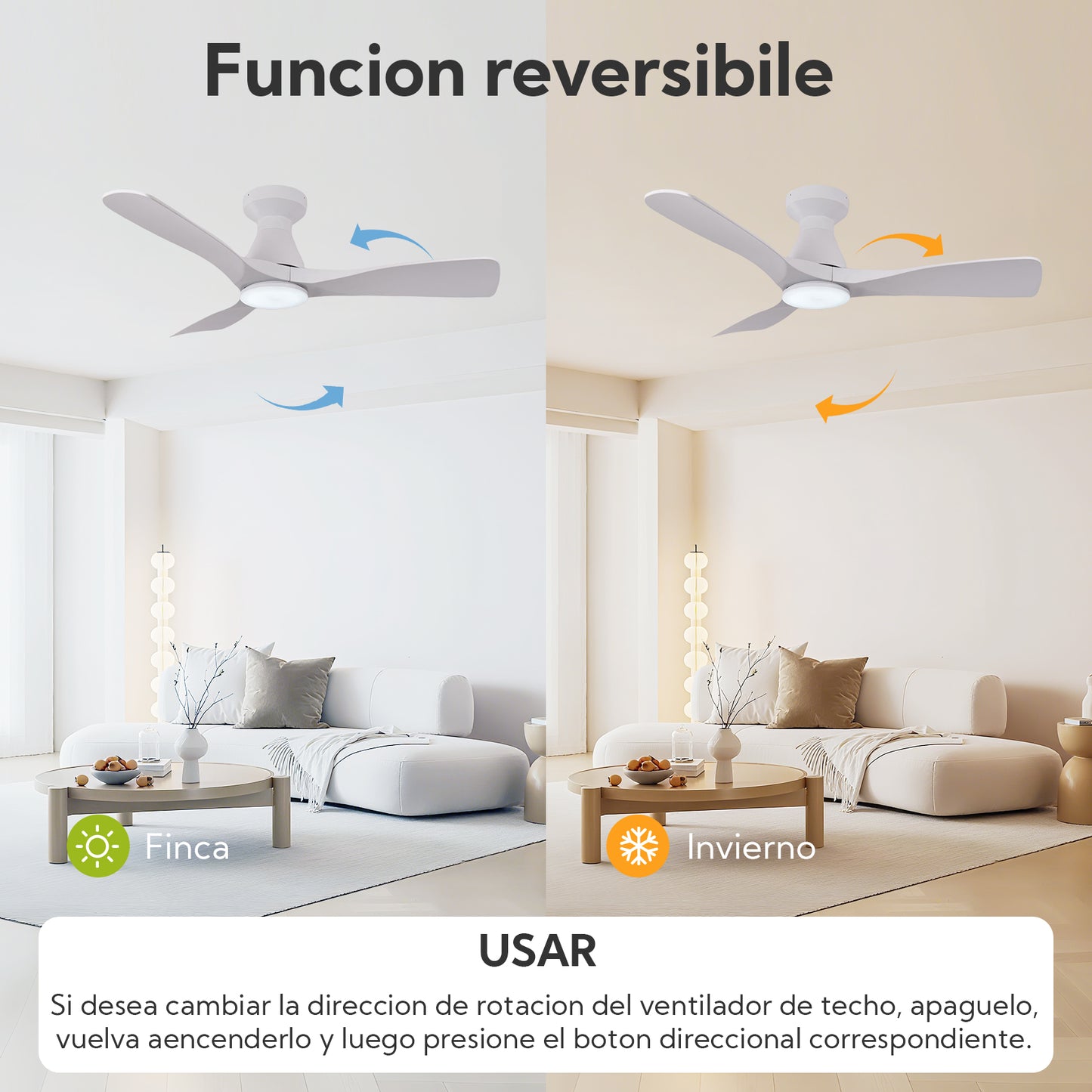 Ventilador de Techo LED 42" con Luz LED Ajustable – 3000K-6000K, AC85-265V，Aspas de plástico