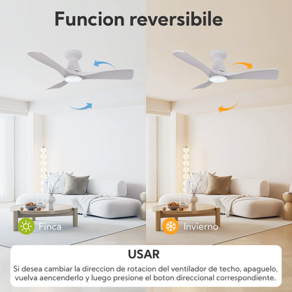 Ventilador de Techo LED 42" con Luz LED Ajustable – 3000K-6000K, AC85-265V，Aspas de plástico