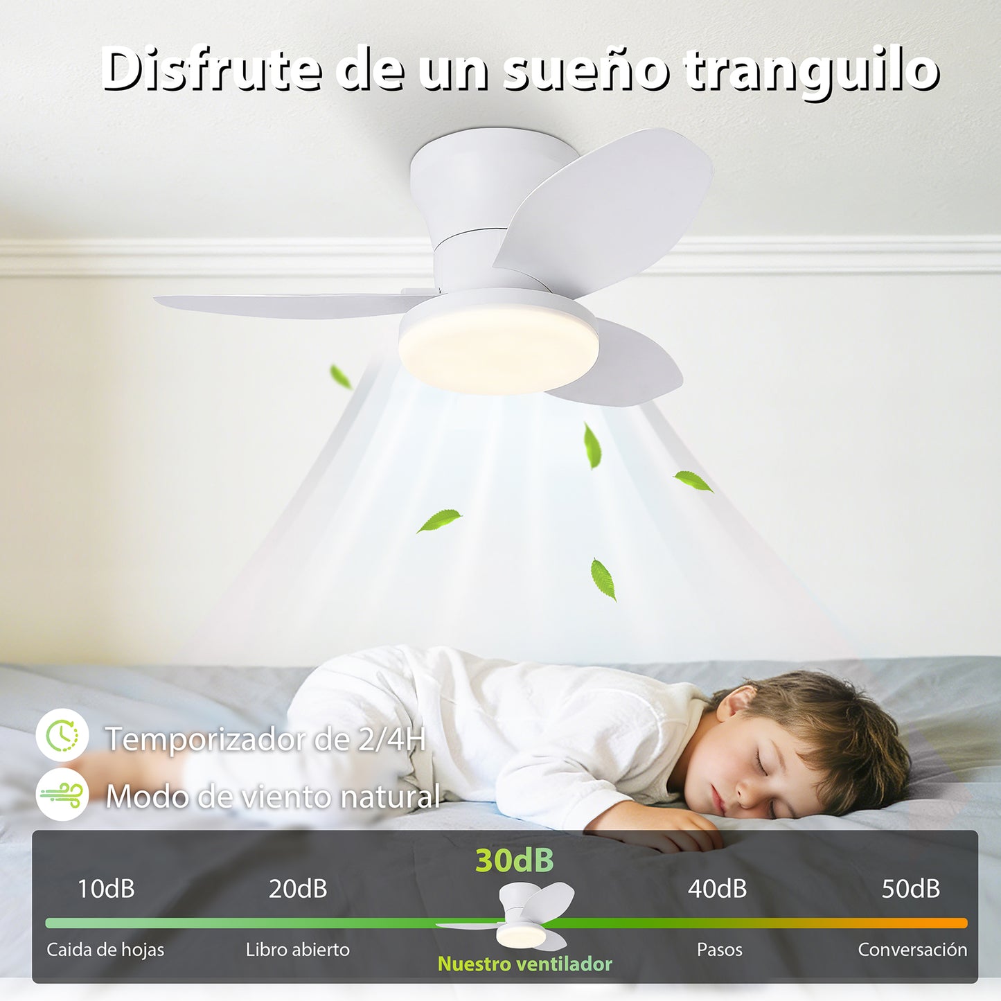 Ventilador de Techo LED RXFL8011 | 30W Luz + 30W Motor DC | 6 Velocidades | 3000K-6000K Ajustable | Blanco、Beige
